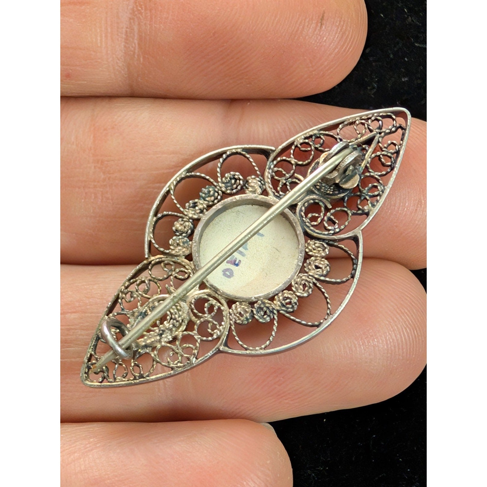 DEFLT Porcelain Filigree Brooch Sterling Silver 925 Antique Pin