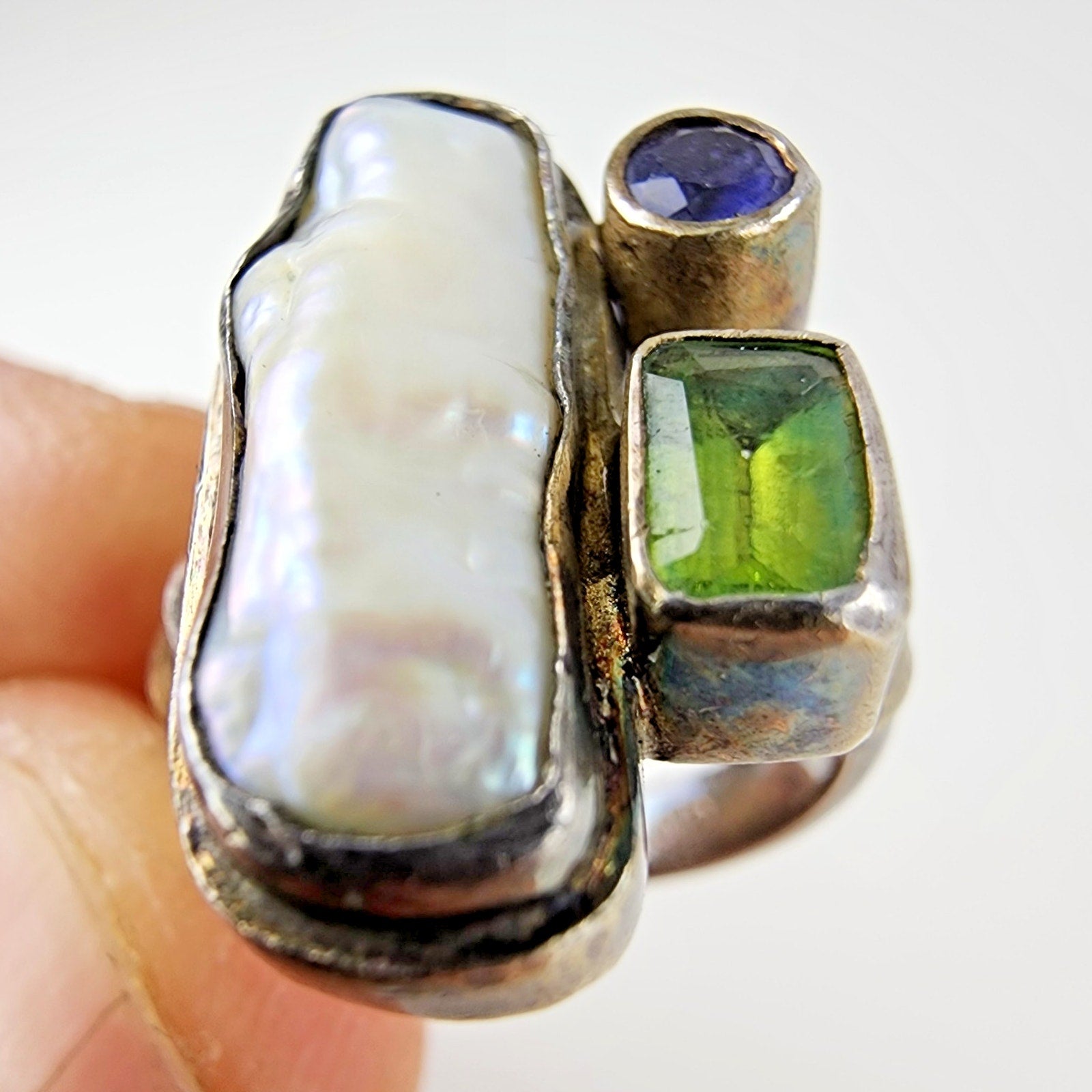 Baroque Freshwater Pearl Peridot & Amethyst Ring Size 6 1/2 Sterling Silver 925