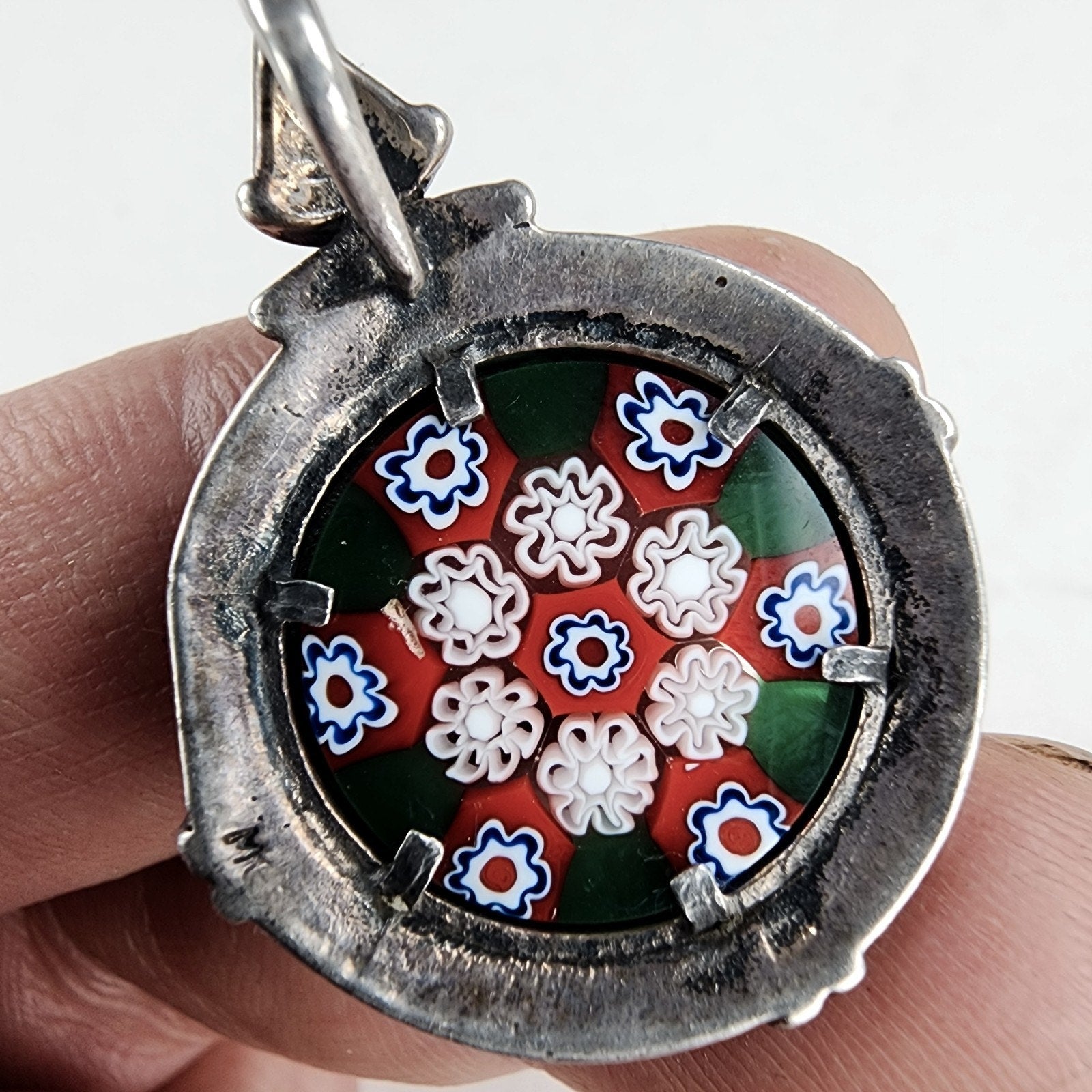 Italian Millefiori Marcasite Glass Pendant Sterling Silver 925 Vintage