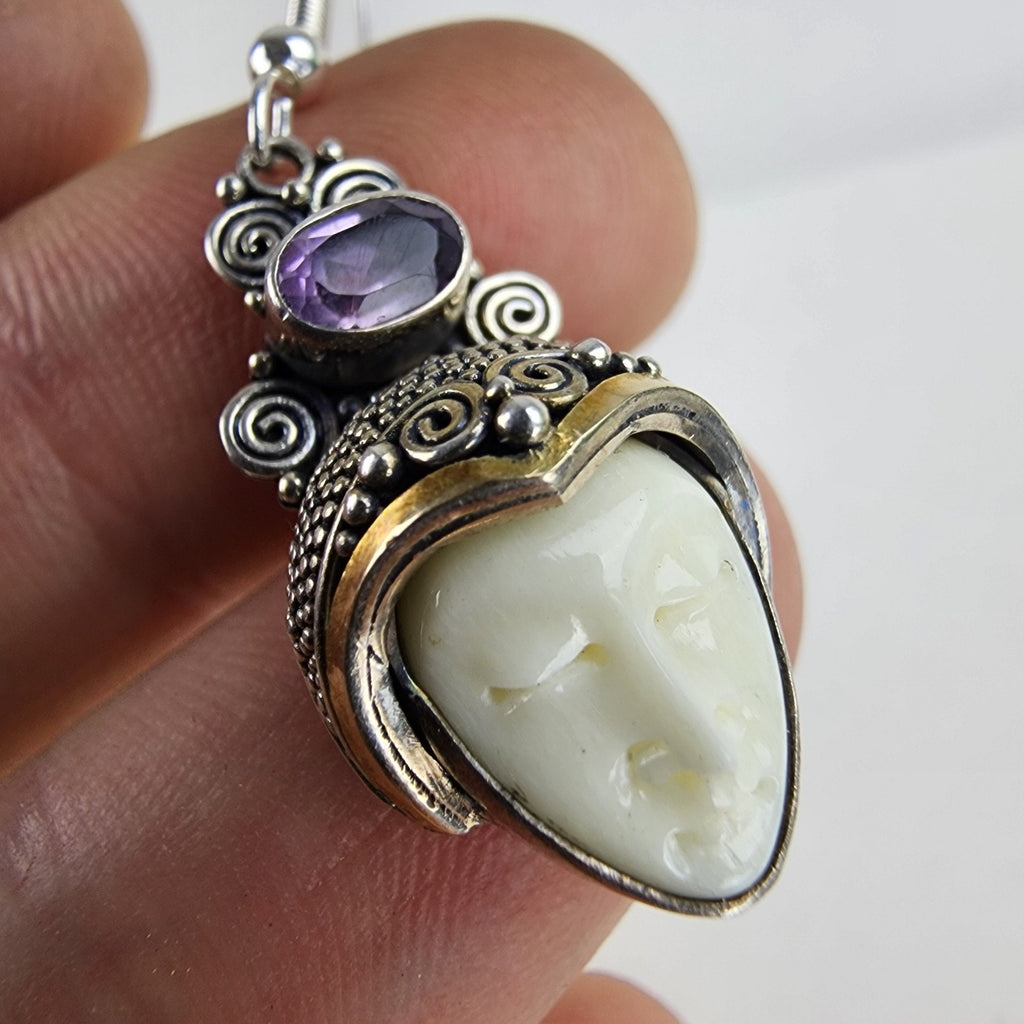 14K Yellow Gold Amethyst Face Earrings Sterling Silver 925 Vintage Beaded