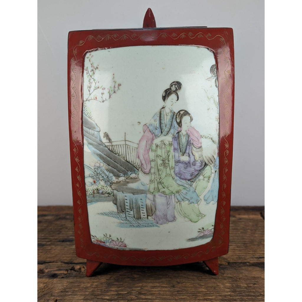 Chinese Porcelain Shard Red Lacquer Box Paper Mache