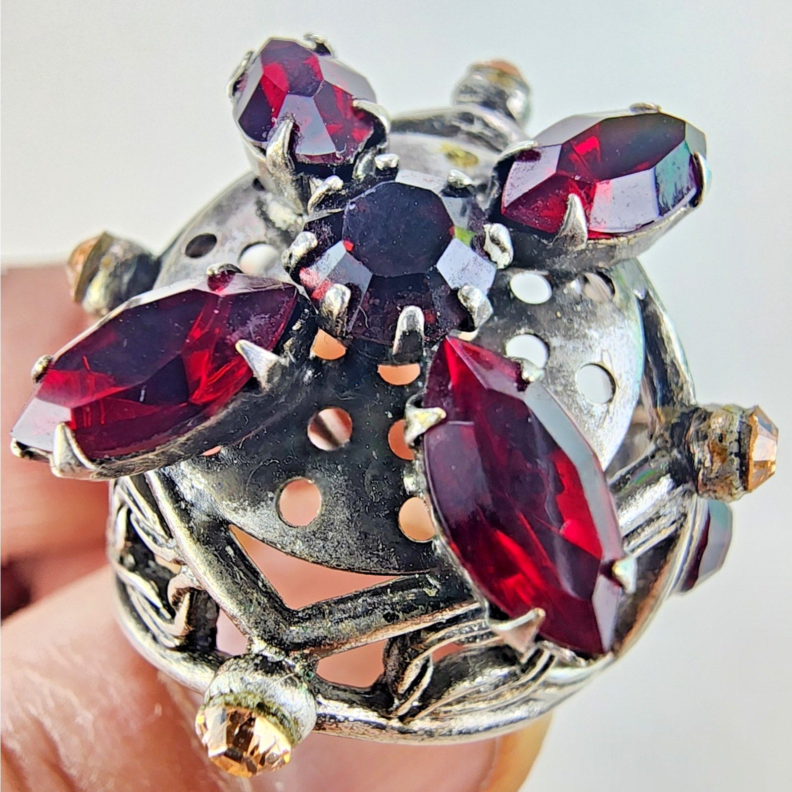 Pomander Caged Marquise Cocktail Ring Size 6 Silverplate Vintage
