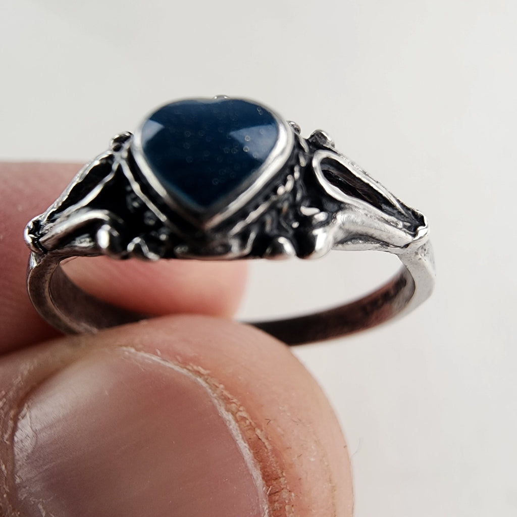 Blue Sparkle Enamel Heart Vintage Ring Size 8 in Sterling Silver 925