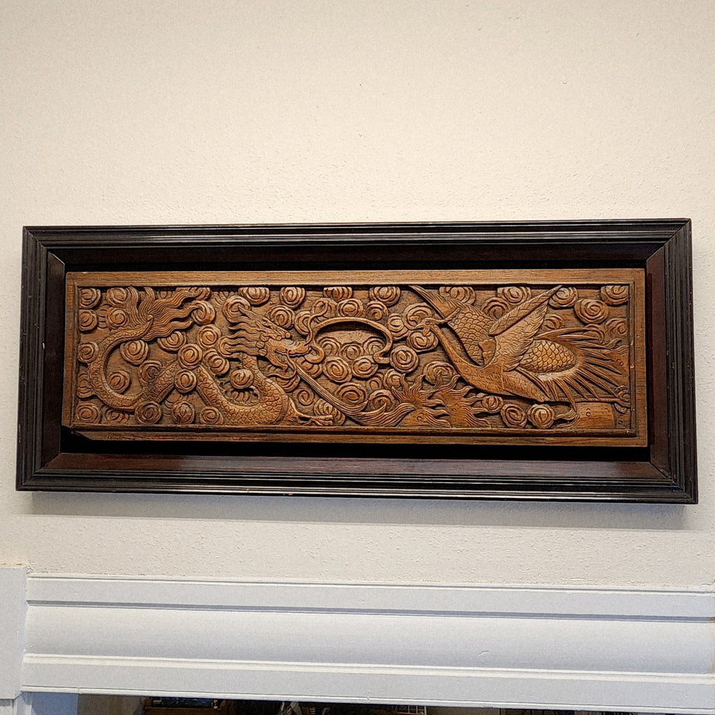 Qing Chinese Ruyi Dragon and Phoenix Prosperity Wood Carved Panel Framed Antique