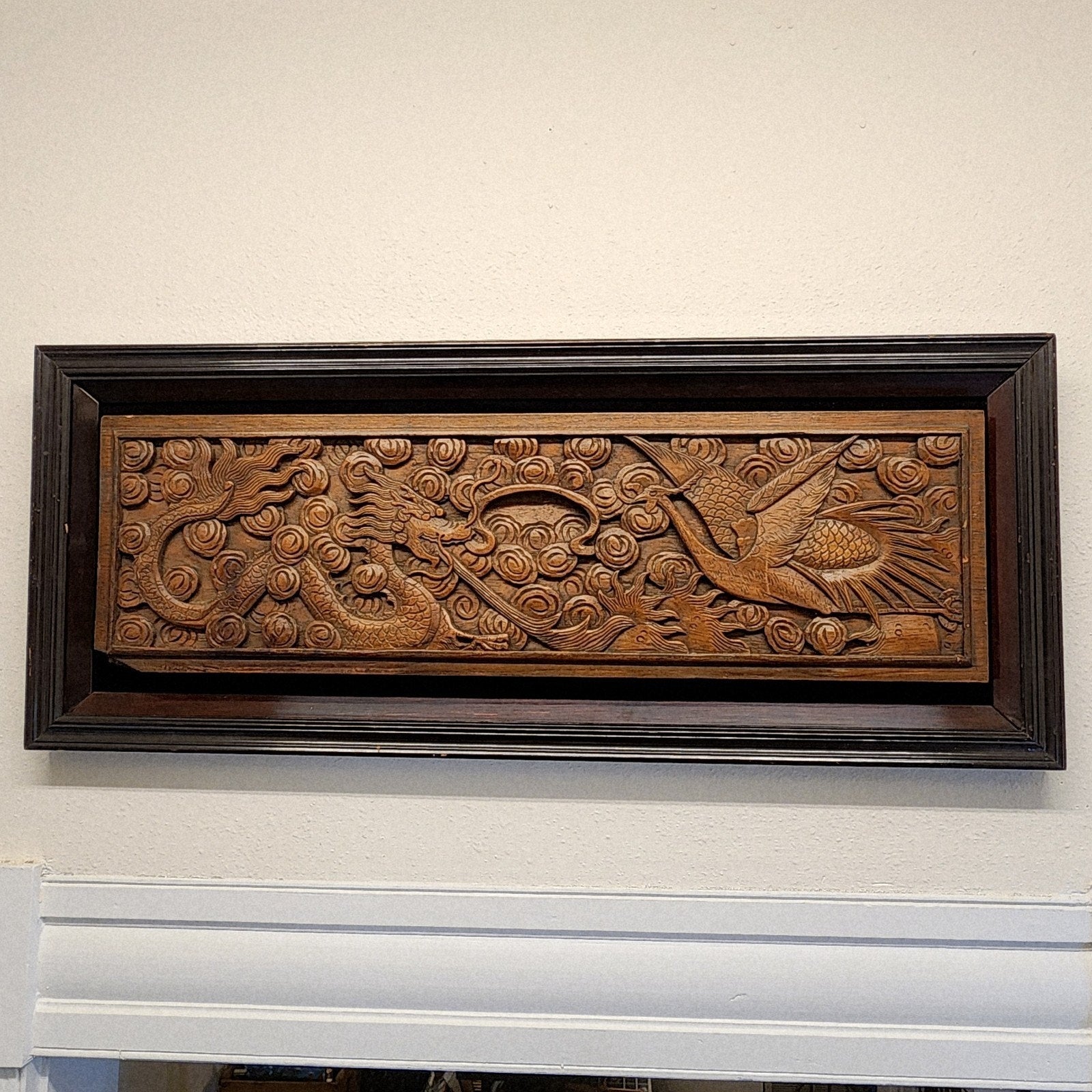 Qing Chinese Ruyi Dragon and Phoenix Prosperity Wood Carved Panel Framed Antique