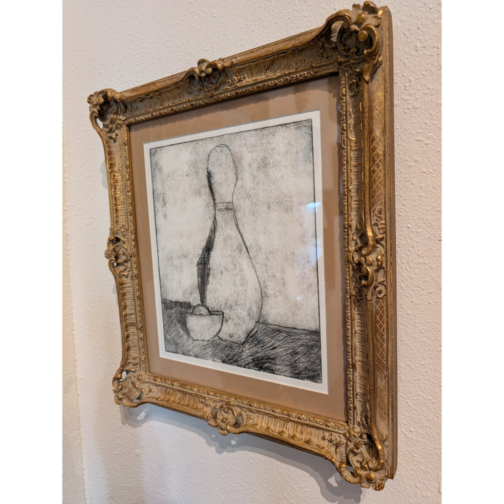 Linocut Still Life Print Gilt Frame MCM Black and White Engraving 14" x 16"