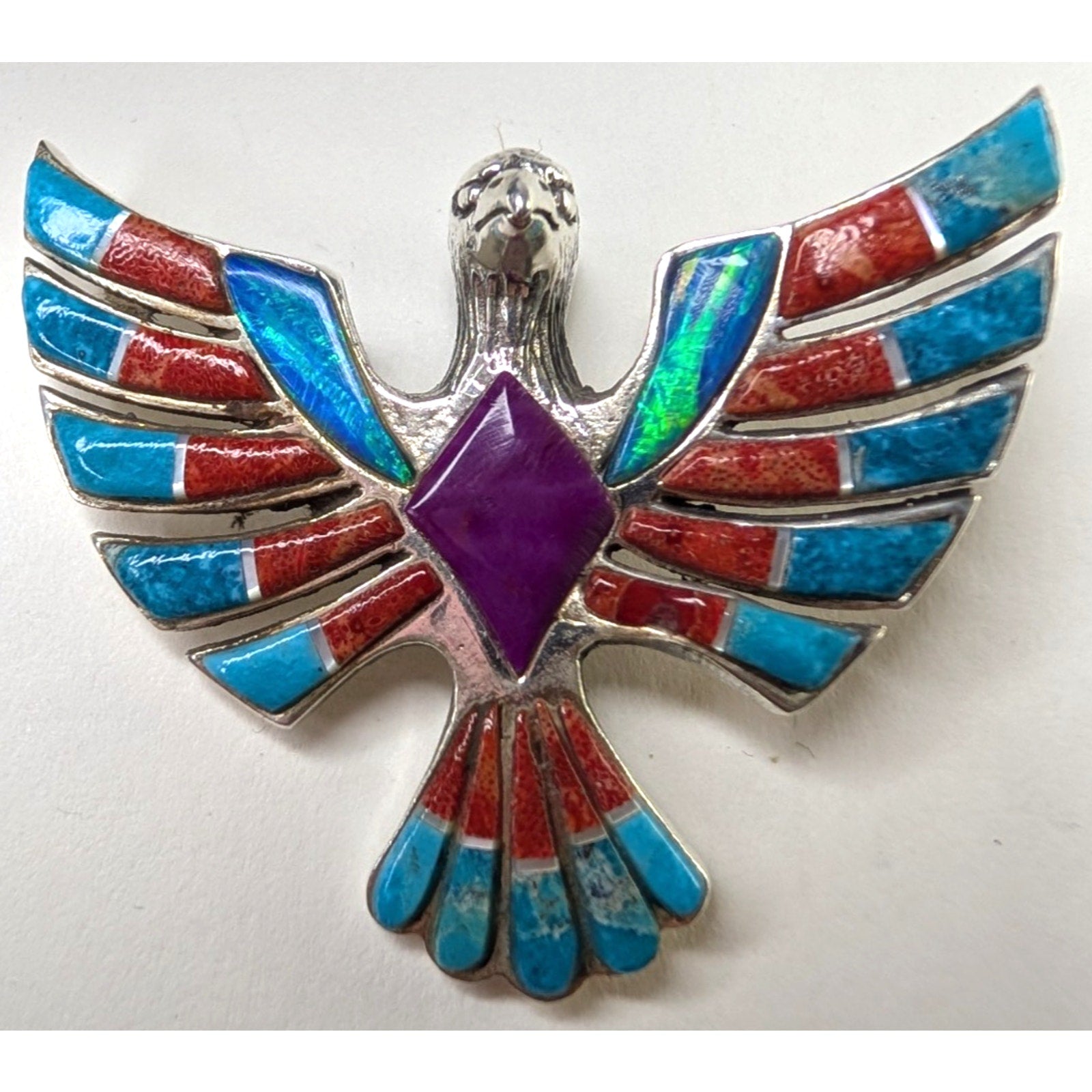 Bird Pendant Sterling Silver 925 Multistone Opal Turquoise Inlay Southwestern