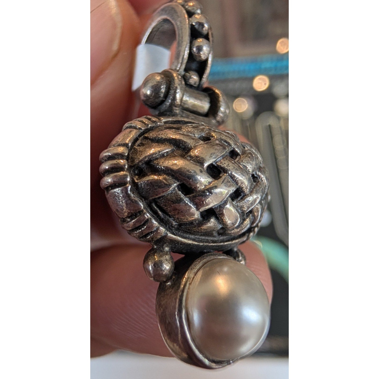 Vintage Thai Pearl Basketweave Sterling Silver 925 Pendant