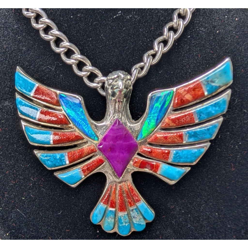 Bird Pendant Sterling Silver 925 Multistone Opal Turquoise Inlay Southwestern