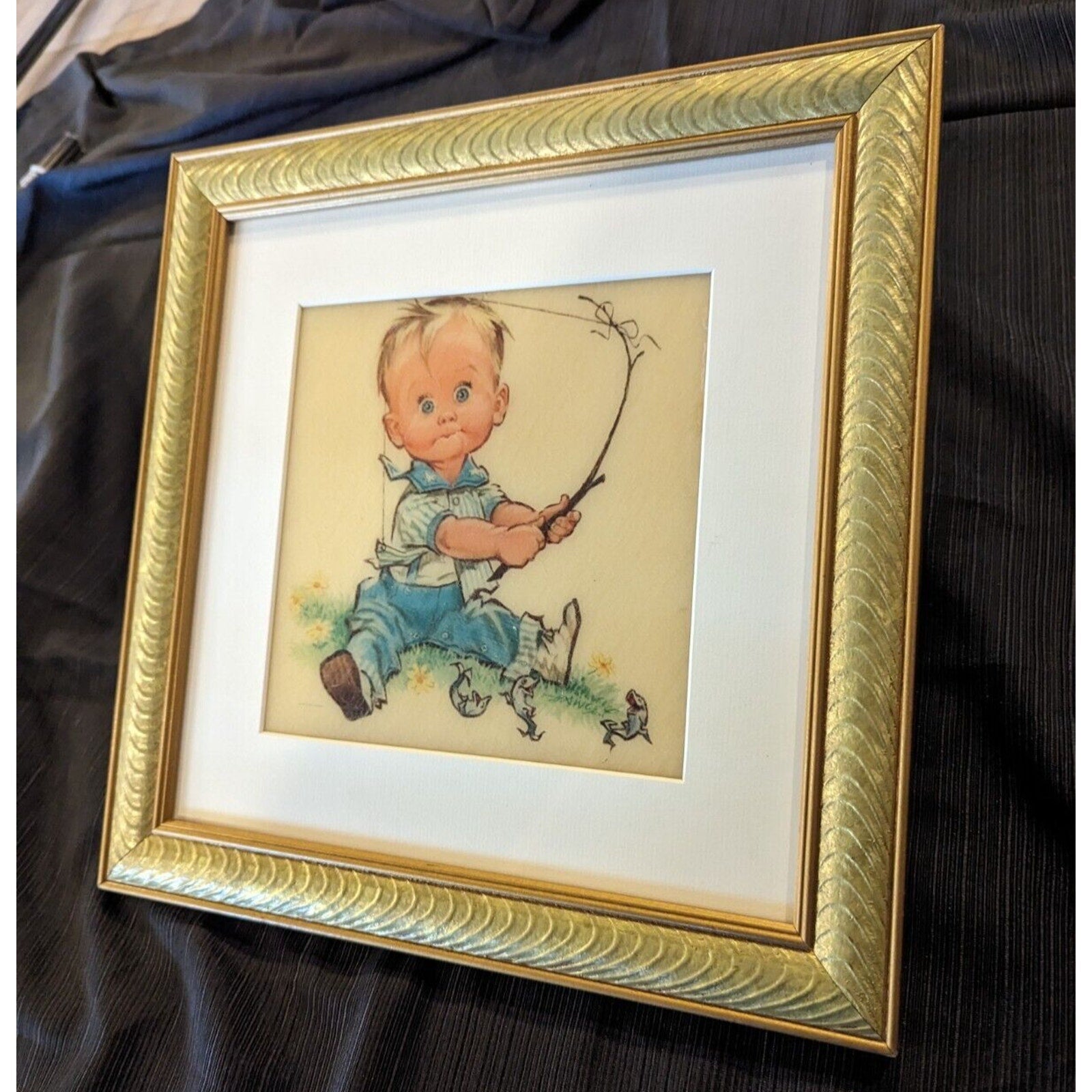 Framed Pete Hawley Sweet Boy Fishing Plaque Art MCM
