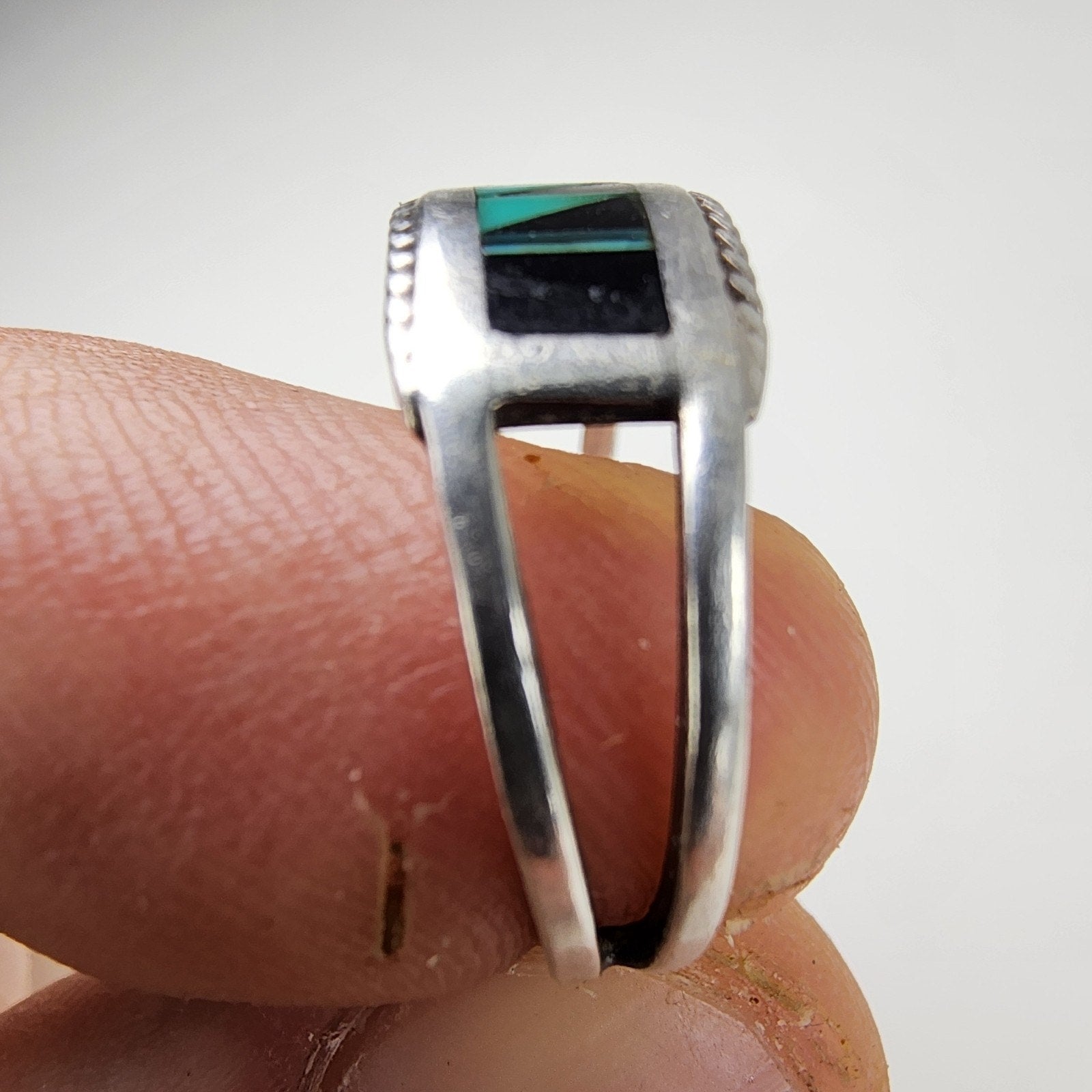 Zuni Turquoise & Onyx Inlay Old Pawn Ring Size 8 3/4 Sterling Silver 925 Vintage