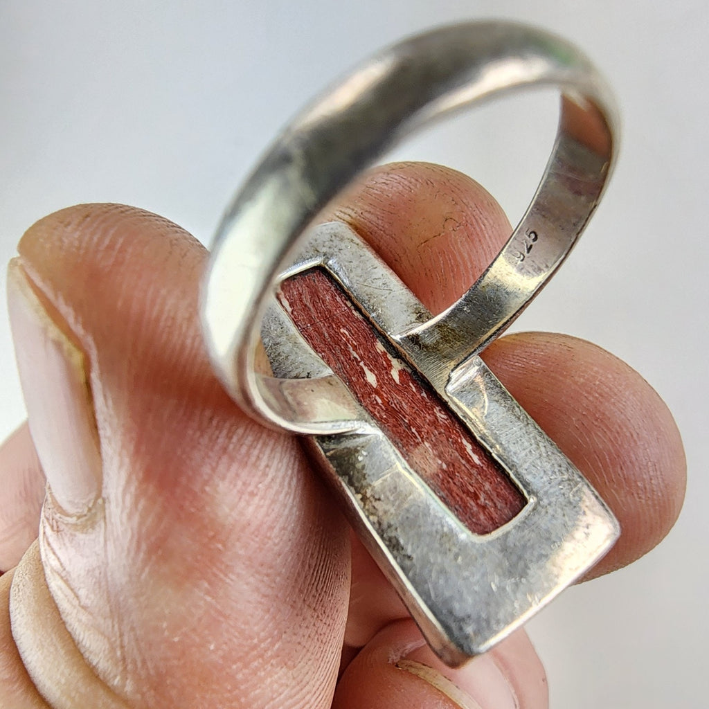 Petrified Wood Rectangle Ring Size 9 1/2 Sterling Silver 925 Vintage