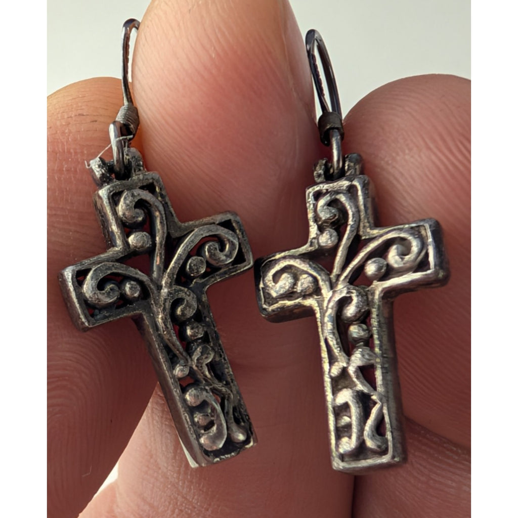 Scrollwork Cross Sterling Silver 925 Fish Hook Dangle Earrings Vintage