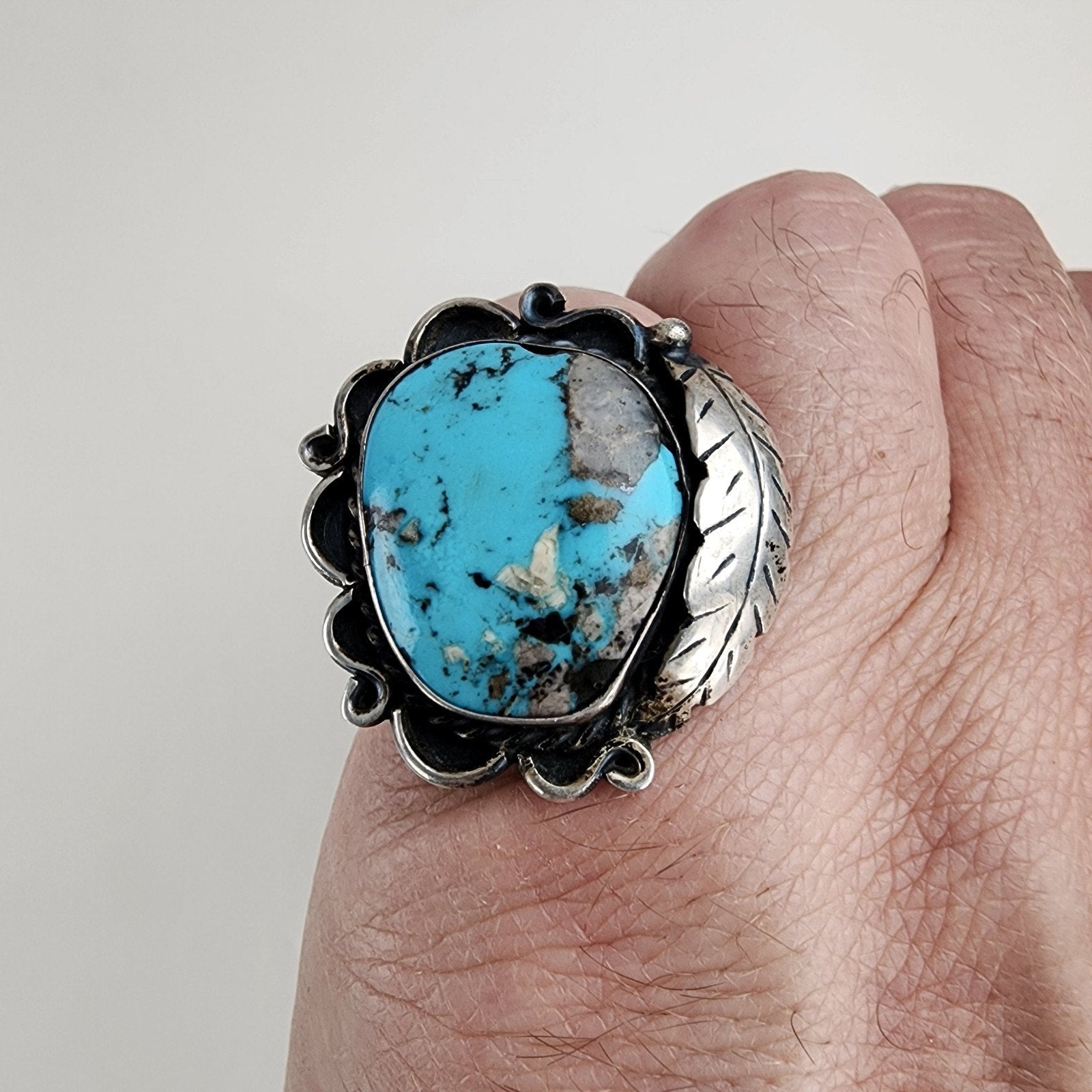 Old Pawn Turquoise Statement Ring Size 8 1/2 Sterling Silver 925 Vintage