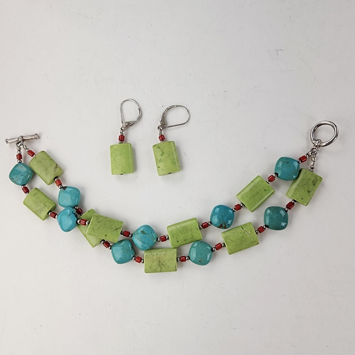 Lime & Blue Howlite Turquoise Bracelet & Earring Set Sterling Silver 925