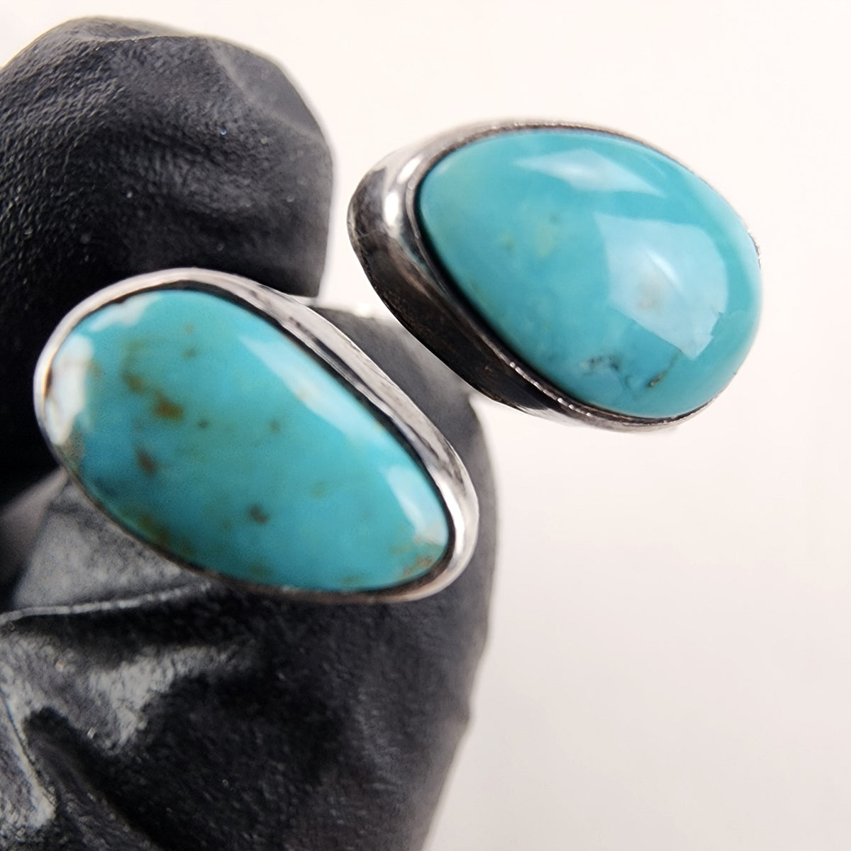 Native Turquoise 2 Stone Bypass Ring Size 7 in Sterling Silver 925