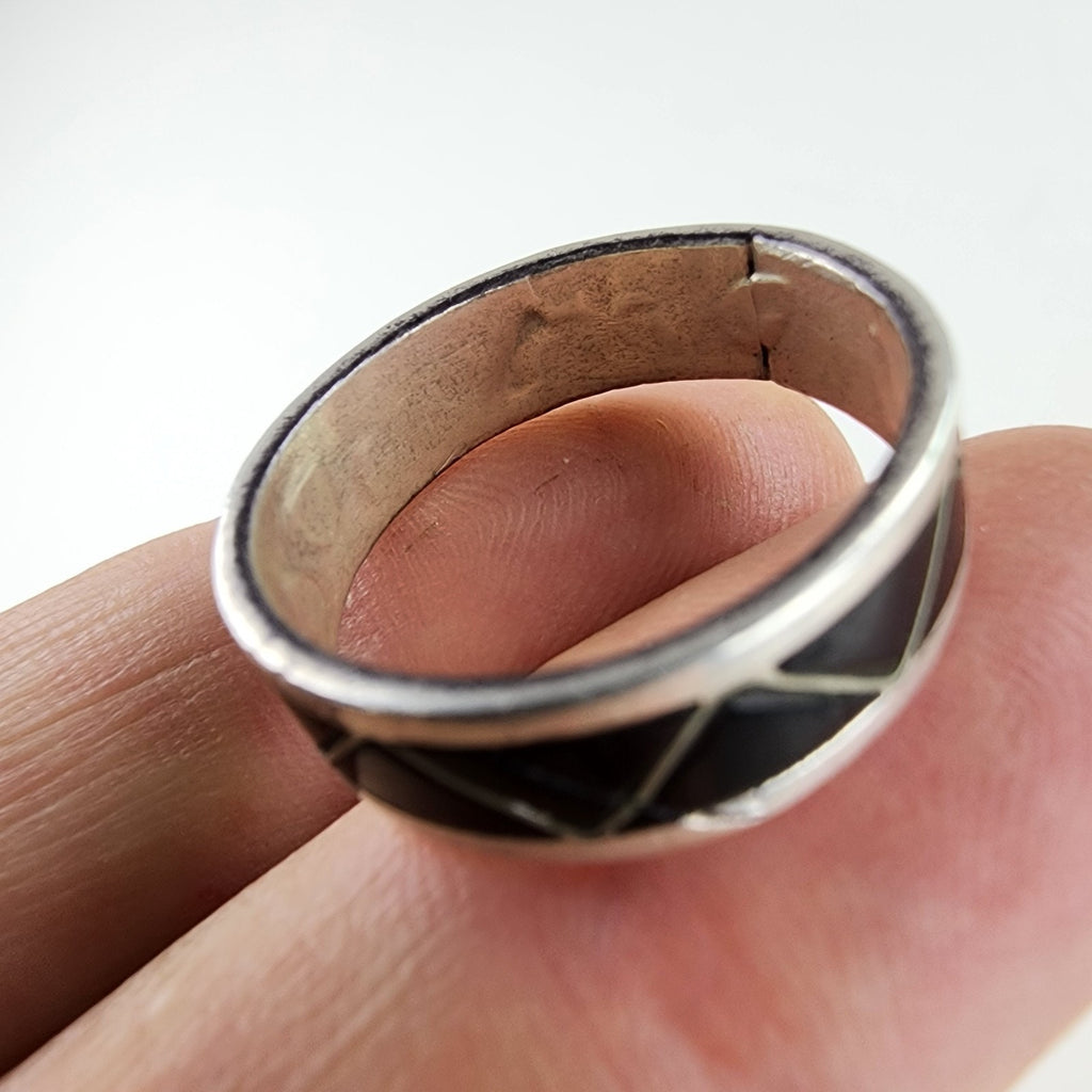 Black Onyx Inlay Band Ring Size 10 1/2 Sterling Silver 925 Vintage