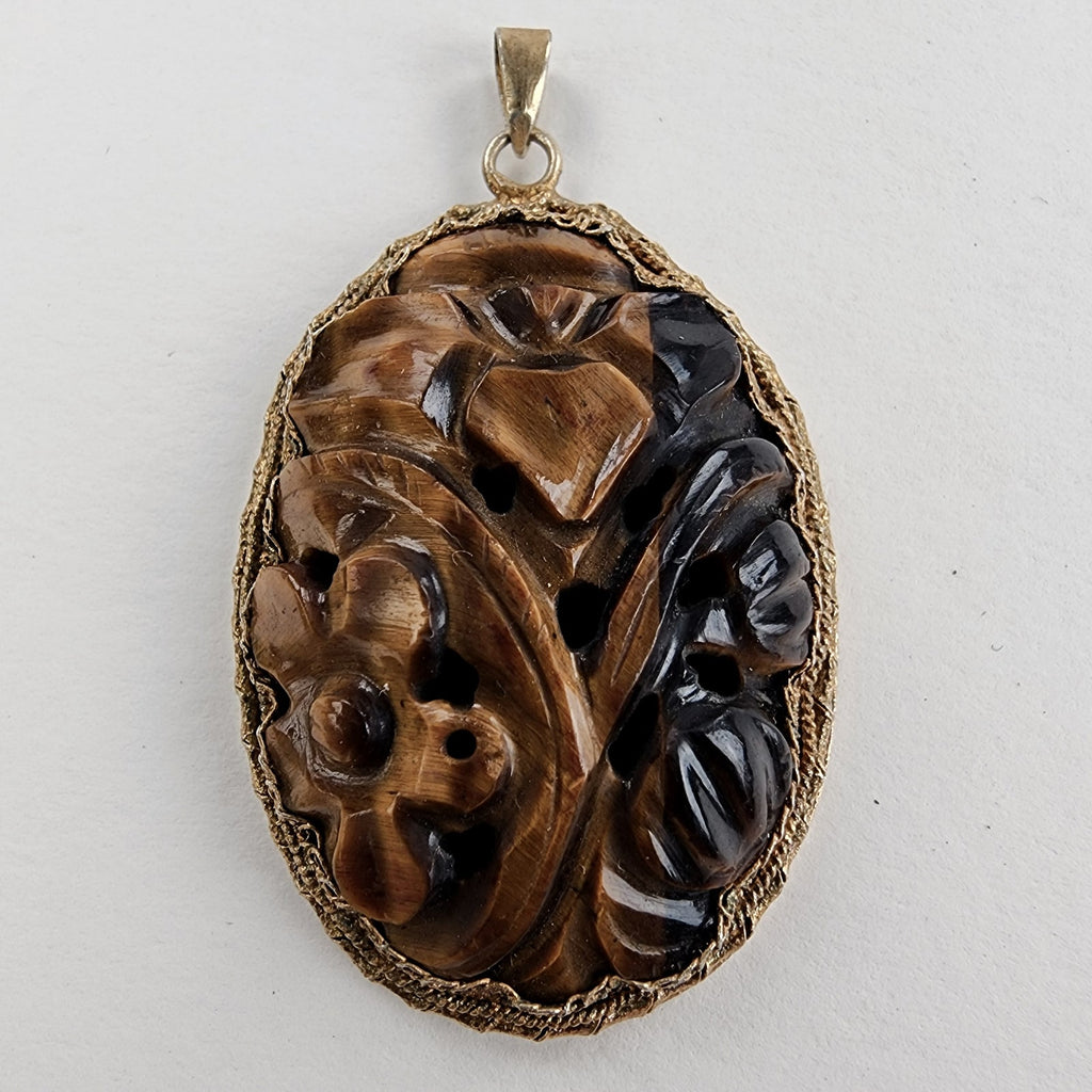 Vintage Chinese Carved Tigers Eye Pendant with Gold Finish & Filigree Back