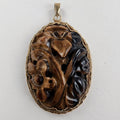 Vintage Chinese Carved Tigers Eye Pendant with Gold Finish & Filigree Back