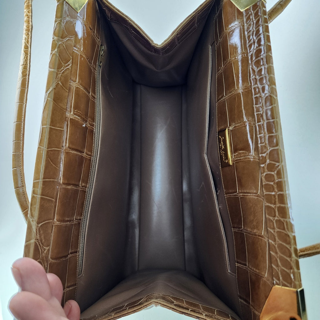 Vintage Judith Leiber Alligator Crocodile Purse Handbag Handled Day Bag Tan