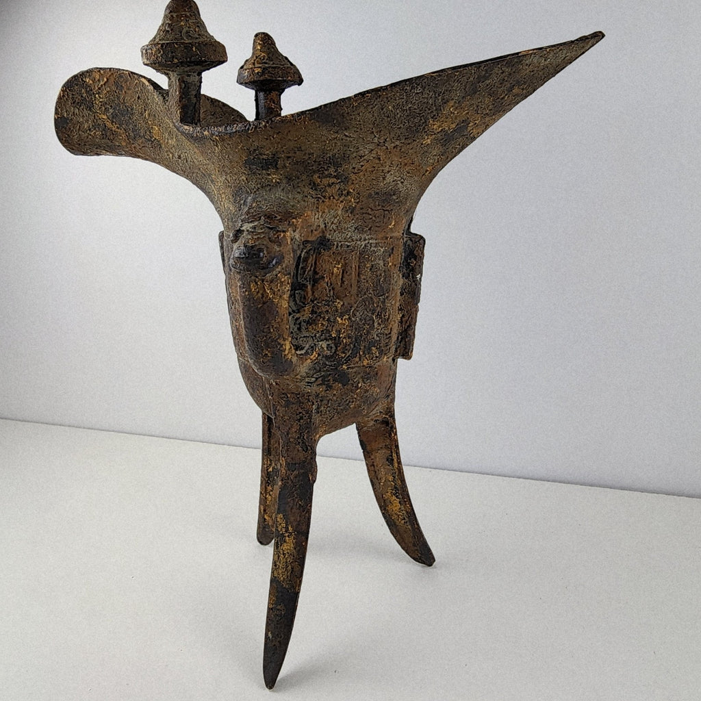 Chinese Bronze Jue Gilt Splashed Archaistic Tripod Wine Vessel Replica