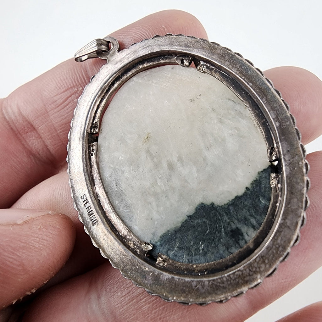 Oval Green Agate Sterling Silver 925 Pendant Vintage