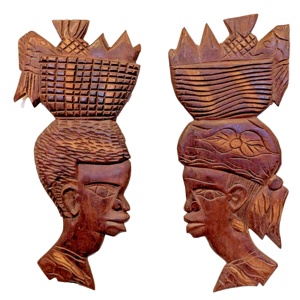 Vintage Haitian Carved Faces Pair Couple Wooden Wall Hangings