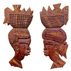 Vintage Haitian Carved Faces Pair Couple Wooden Wall Hangings
