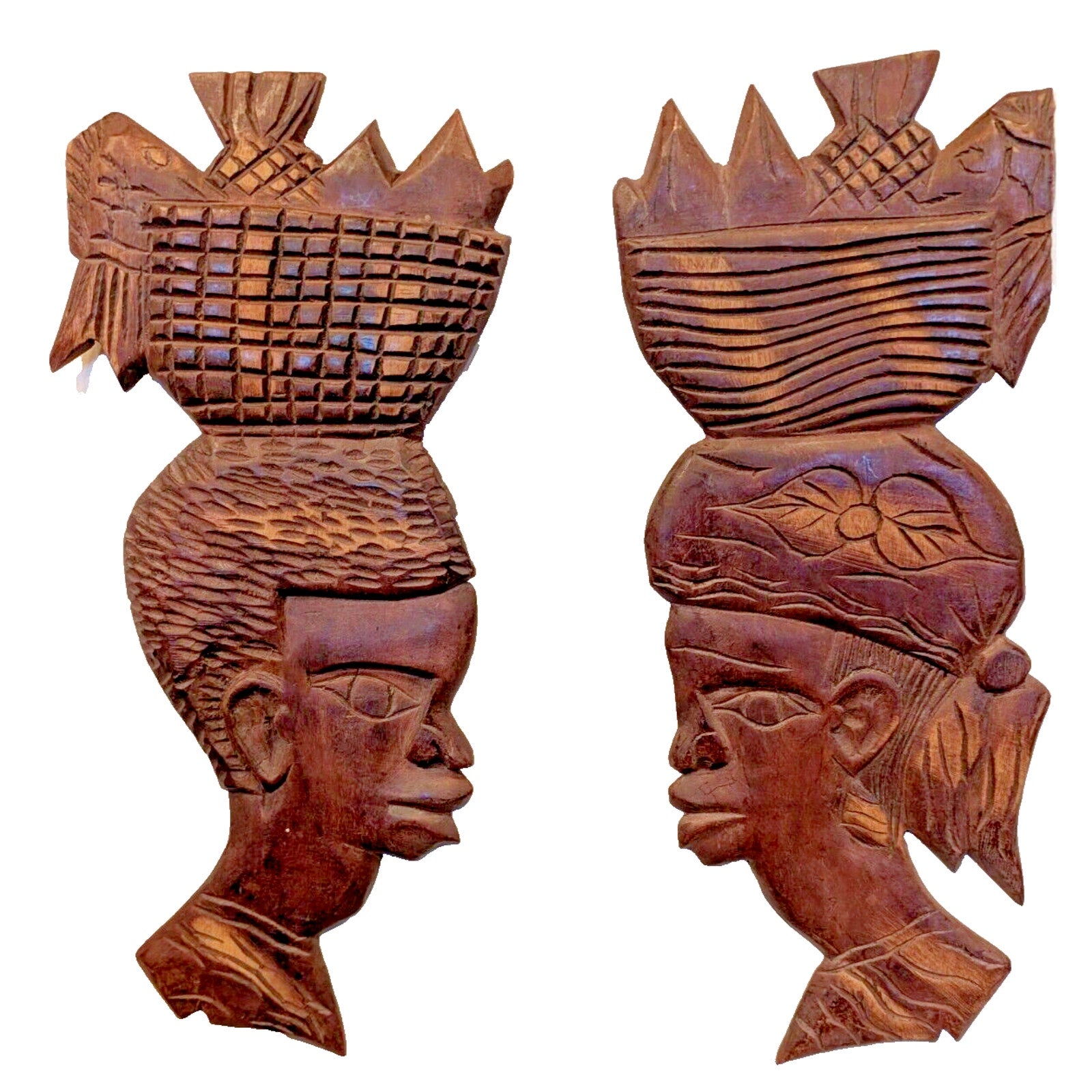 Vintage Haitian Carved Faces Pair Couple Wooden Wall Hangings