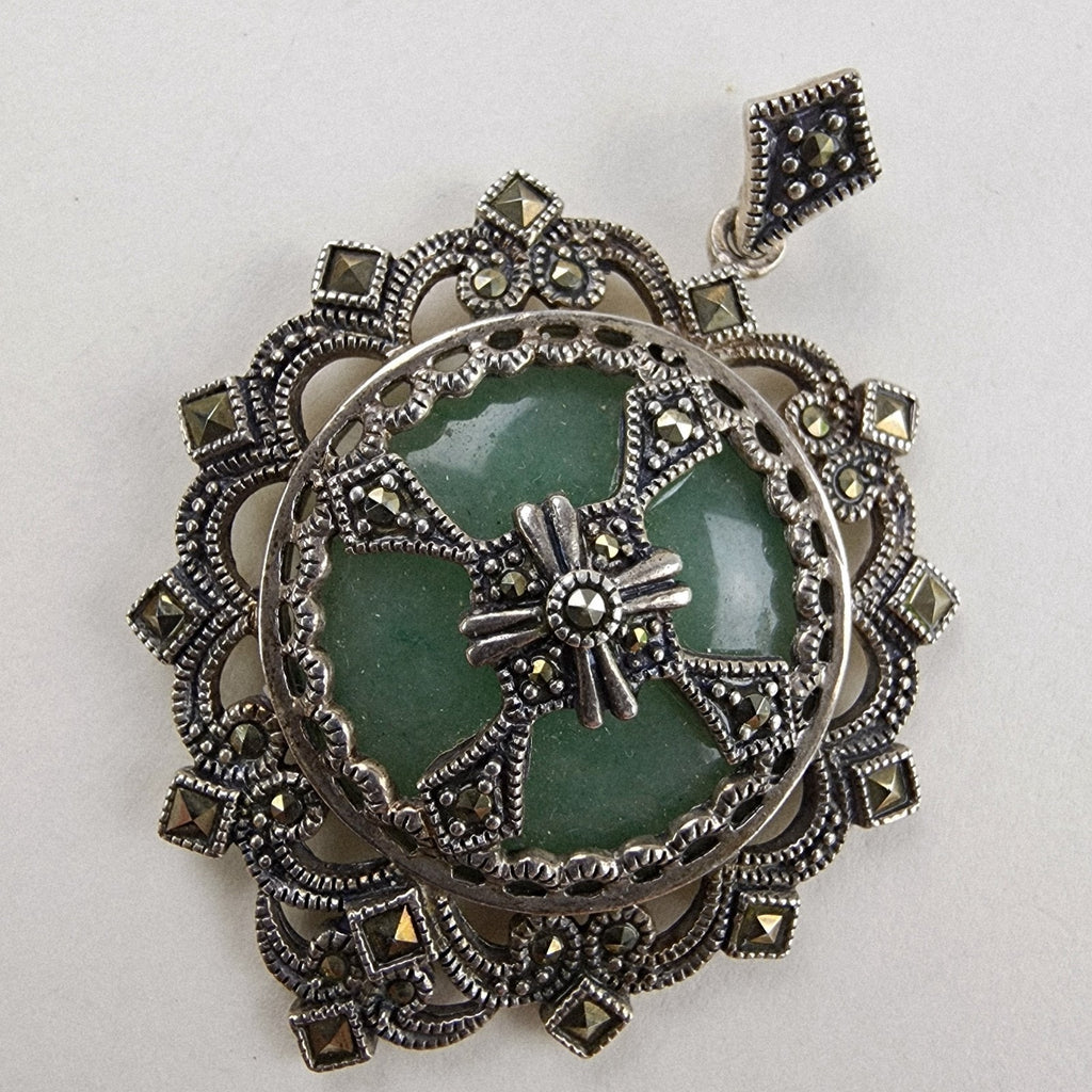 Art Deco Chrysoprase Marcasite Pendant Sterling Silver 925 Gothic