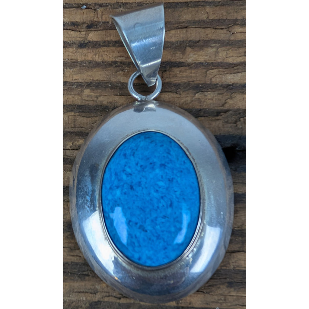 Modernist Mexico Oval Blue Agate Cabochon Sterling Silver 925 Pendant