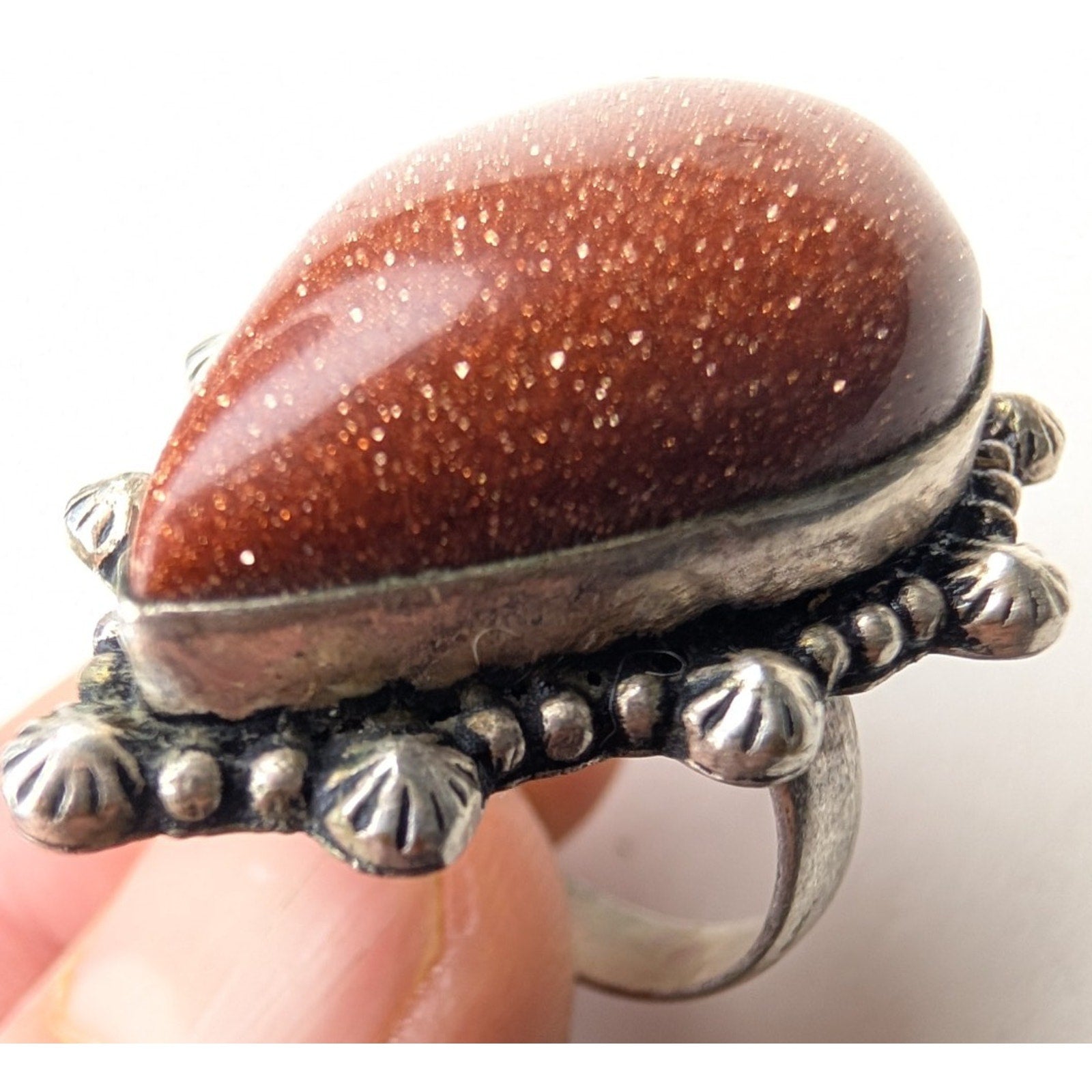Southwestern Orange Sunstone Sterling Silver 925 Beaded Ring Size 9