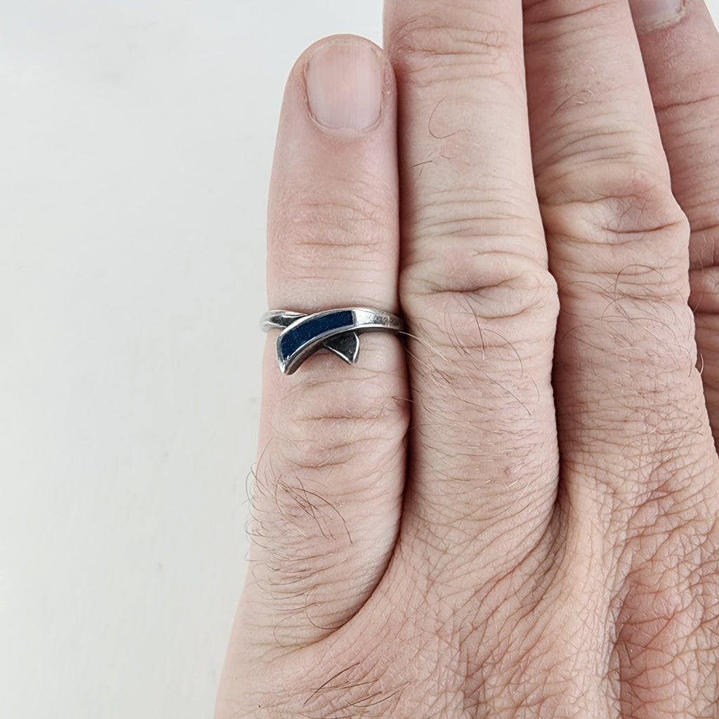 Vintage Blue Enamel Ribbon Crossover Ring Size 5 1/2 in Sterling Silver 925