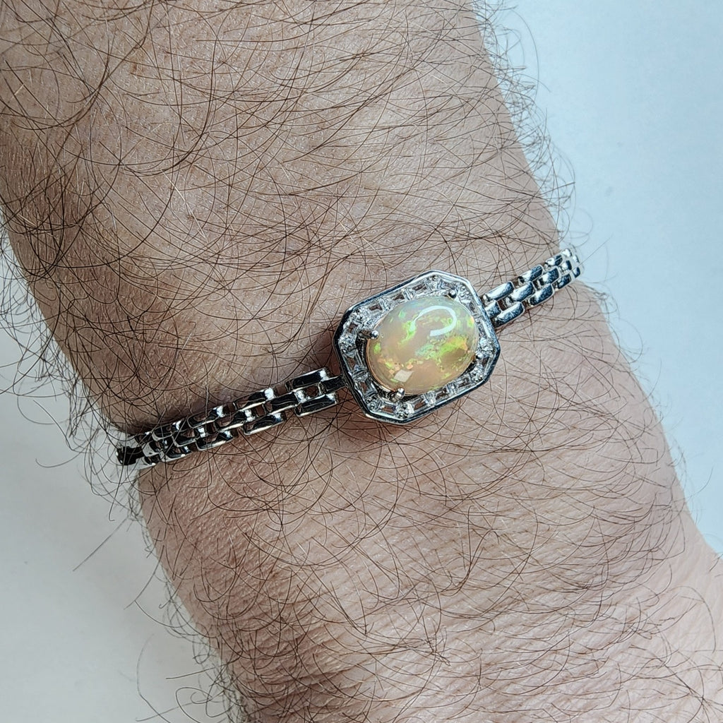 Ethopian Opal Halo Sterling Silver 925 Hinged Designer Bracelet