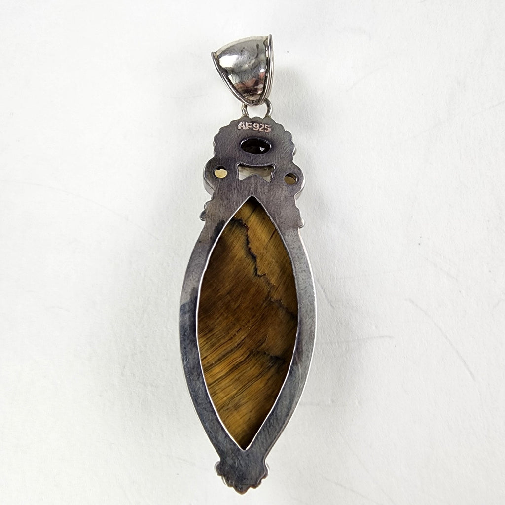Marquise Cut Faceted Tigers Eye Citrine & Garnet Sterling Silver 925 Pendant XL