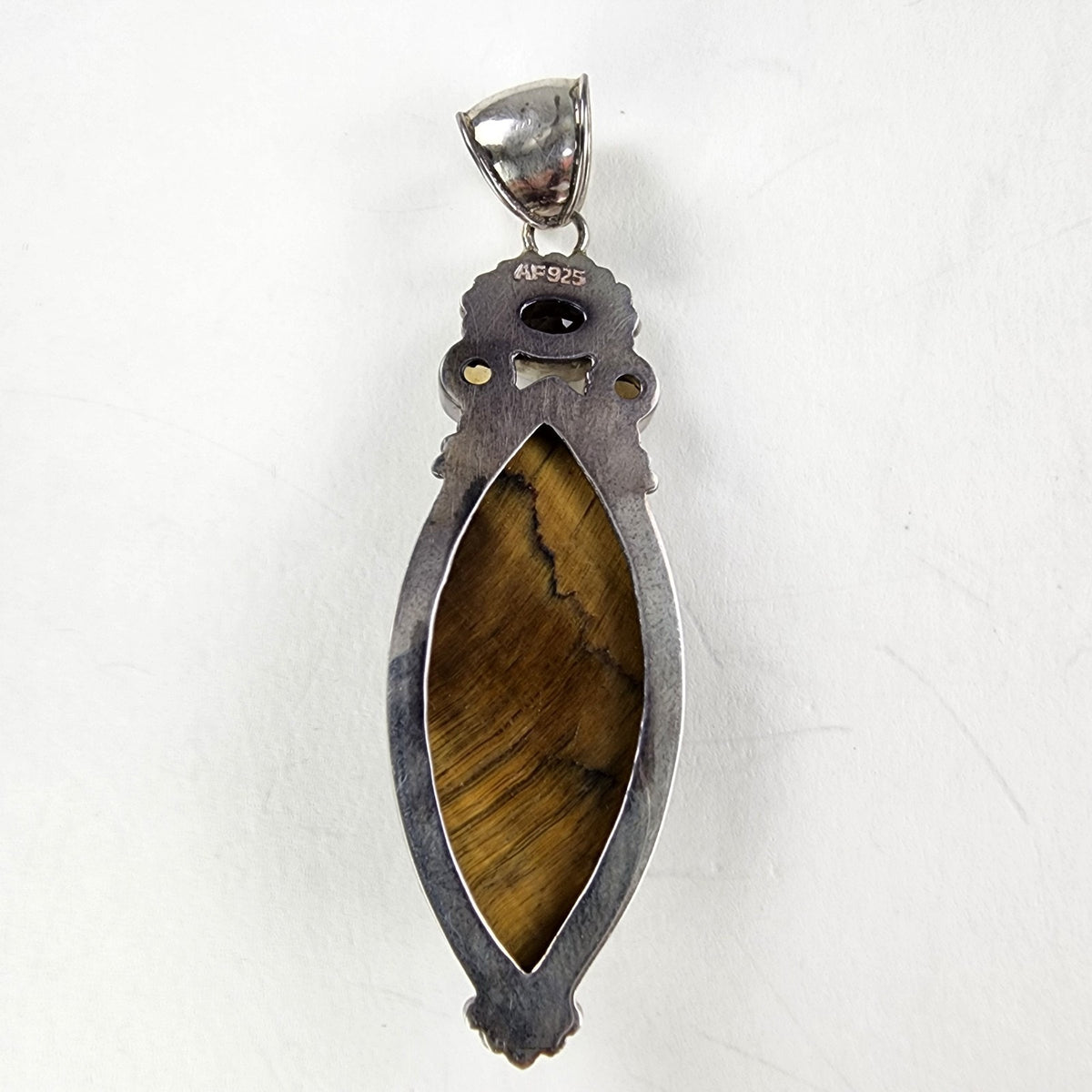 Marquise Cut Faceted Tigers Eye Citrine & Garnet Sterling Silver 925 Pendant XL