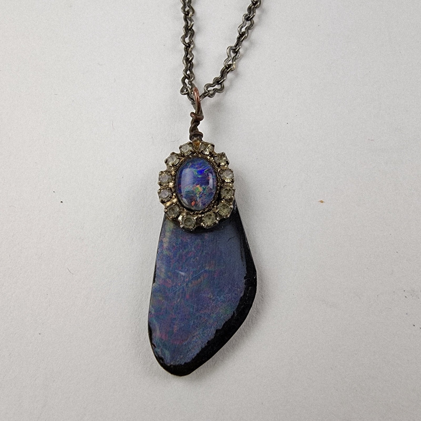 Bohemian Black Opal Necklace with Silver Tone Chain