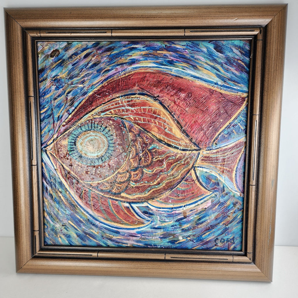 Abstract Fish Acrylic Painting on Panel Signed Cori & Framed
