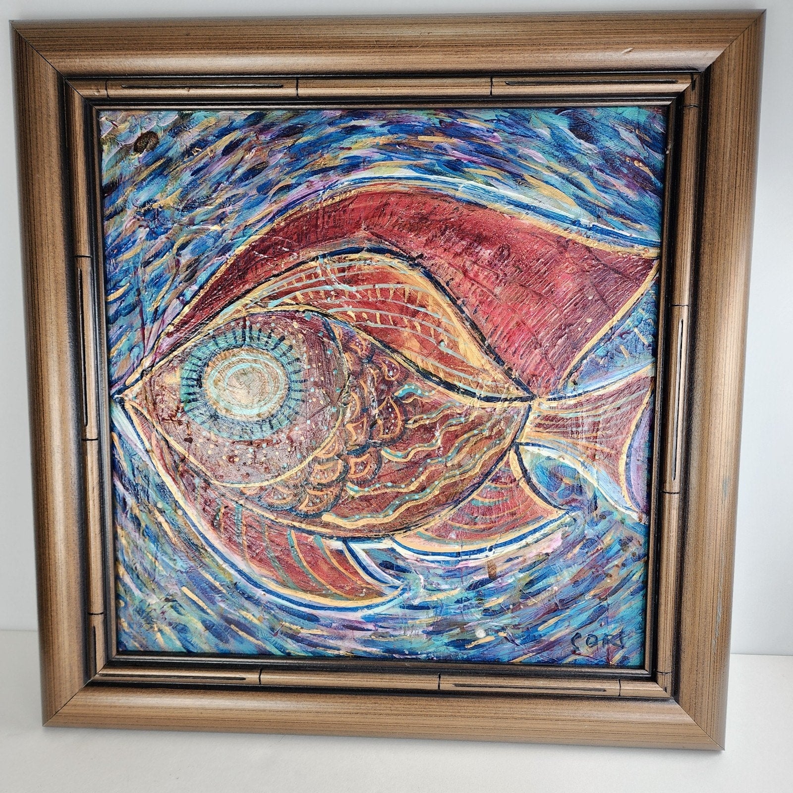 Abstract Fish Acrylic Painting on Panel Signed Cori & Framed