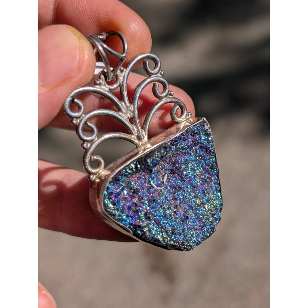 Peacock Druzy Pendant Sterling Silver 925 Rainbow Oil Slick Color