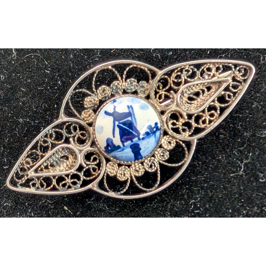 DEFLT Porcelain Filigree Brooch Sterling Silver 925 Antique Pin