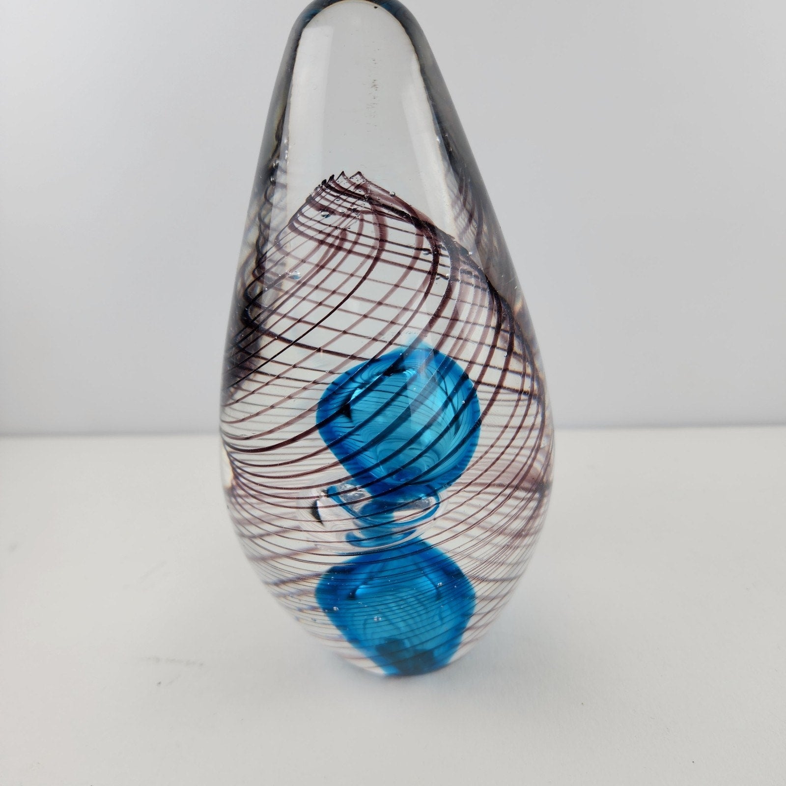 6" Hand Blown Glass Paperweight Air Trap Blue & Clear