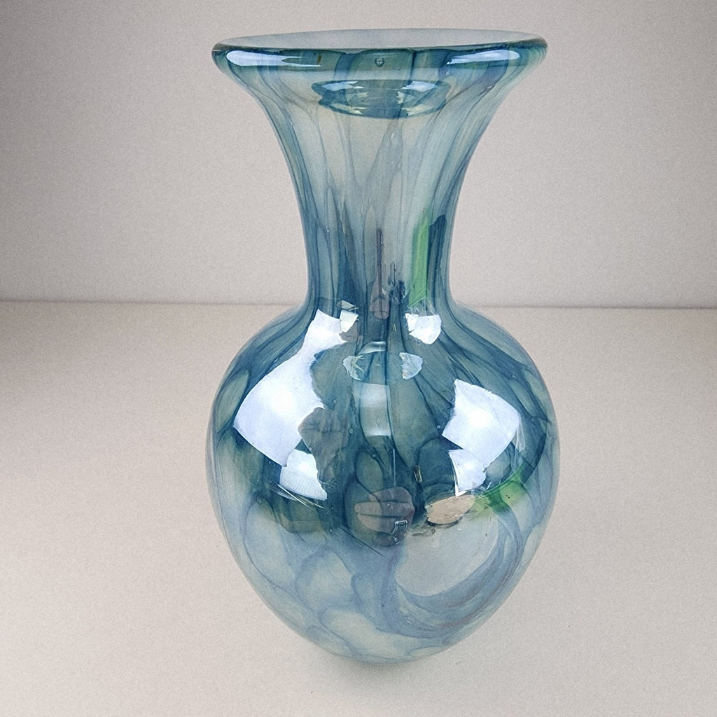 6" Blue Implosion Window Vase Art Glass Handmade Flower Bud
