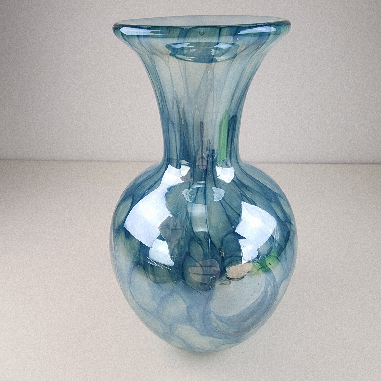 6" Blue Implosion Window Vase Art Glass Handmade Flower Bud