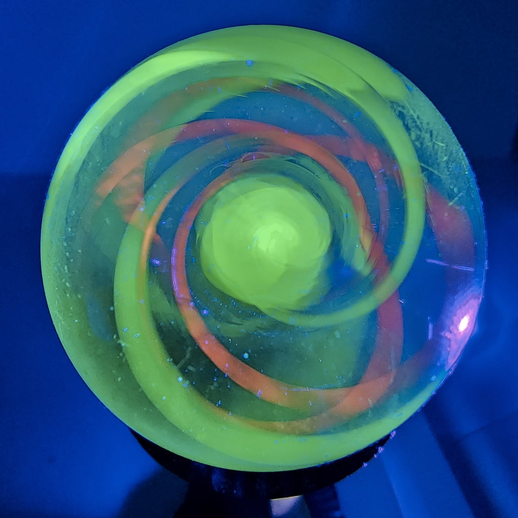 43mm UV Green Double Twist Spiral Borosilicate Marble Signed Eddie Seese 2015