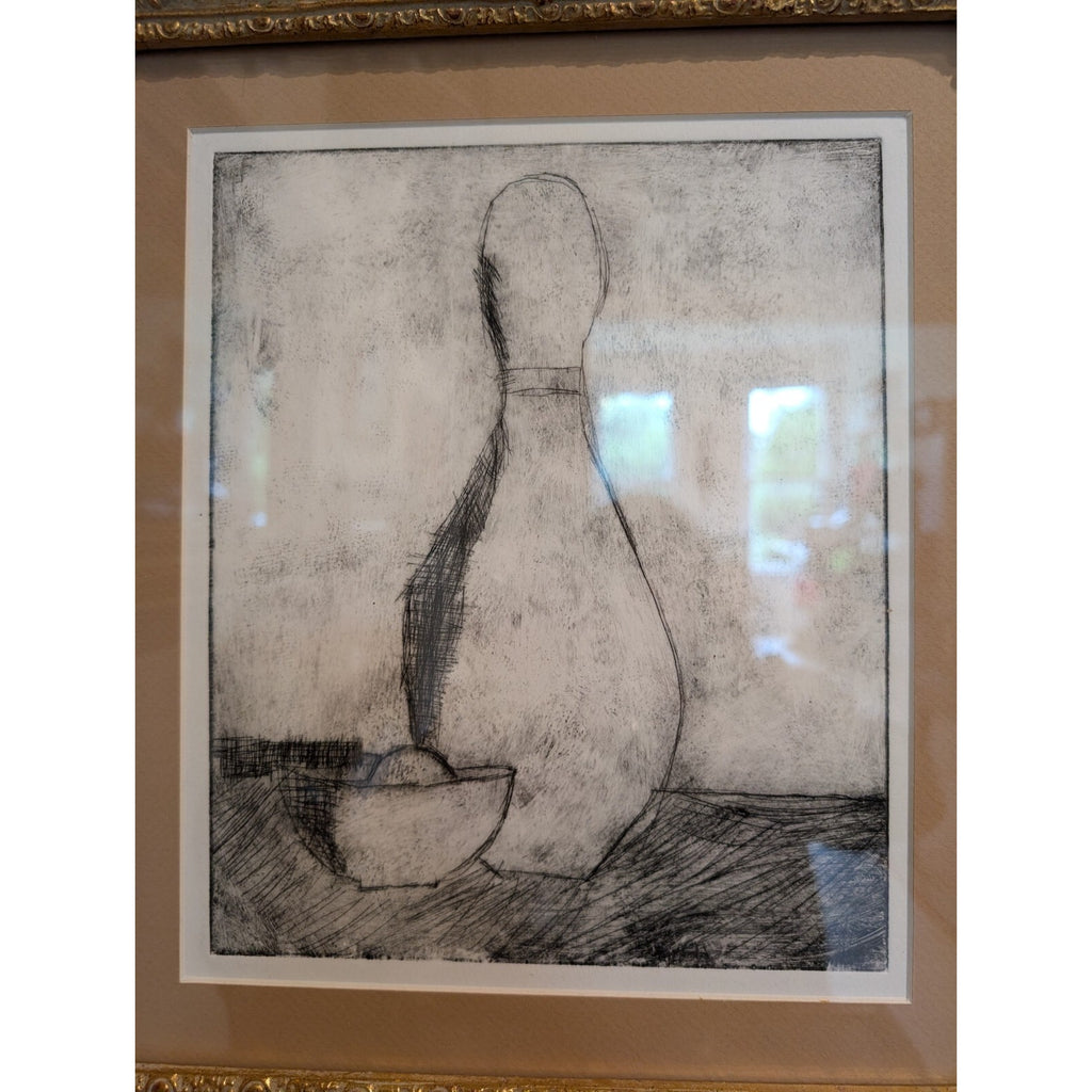 Linocut Still Life Print Gilt Frame MCM Black and White Engraving 14" x 16"