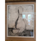 Linocut Still Life Print Gilt Frame MCM Black and White Engraving 14" x 16"