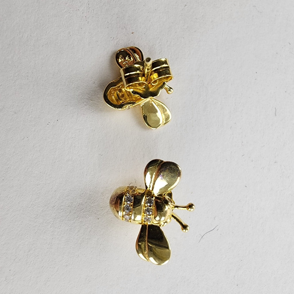 Gold Tone Bumble Bee Sterling Silver 925 Stud Earrings