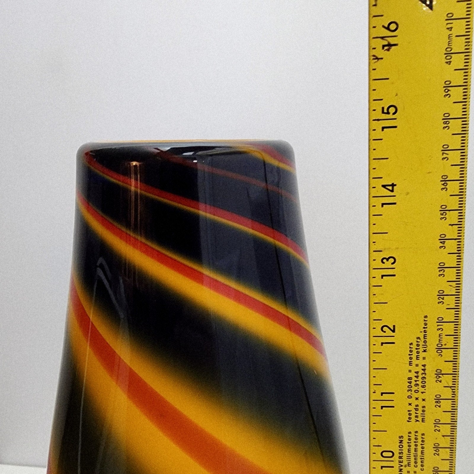 15" Orange and Blue Swirl Spiral Glass Flower Vase Hand Blown Vintage
