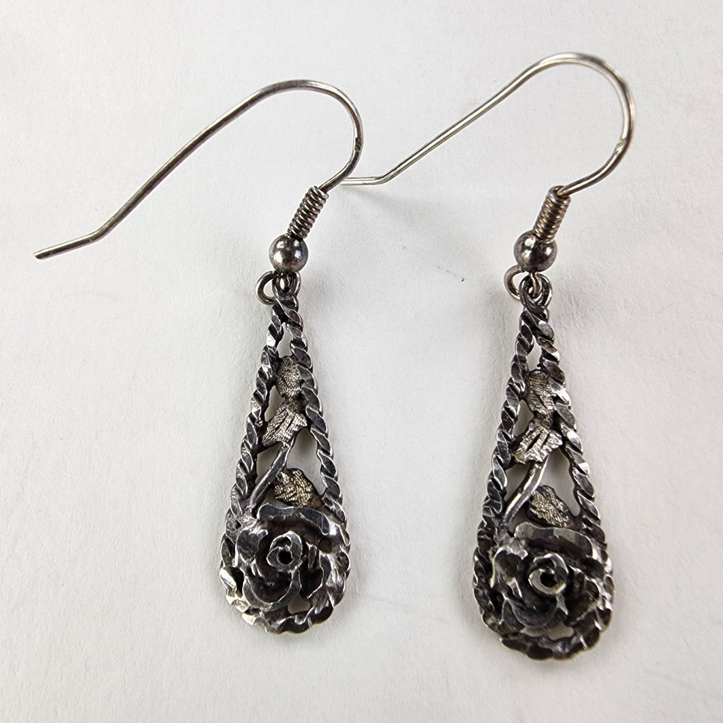 Black Hills Gold Rose & Leaf Teardrop Earrings Sterling Silver 925 Vintage